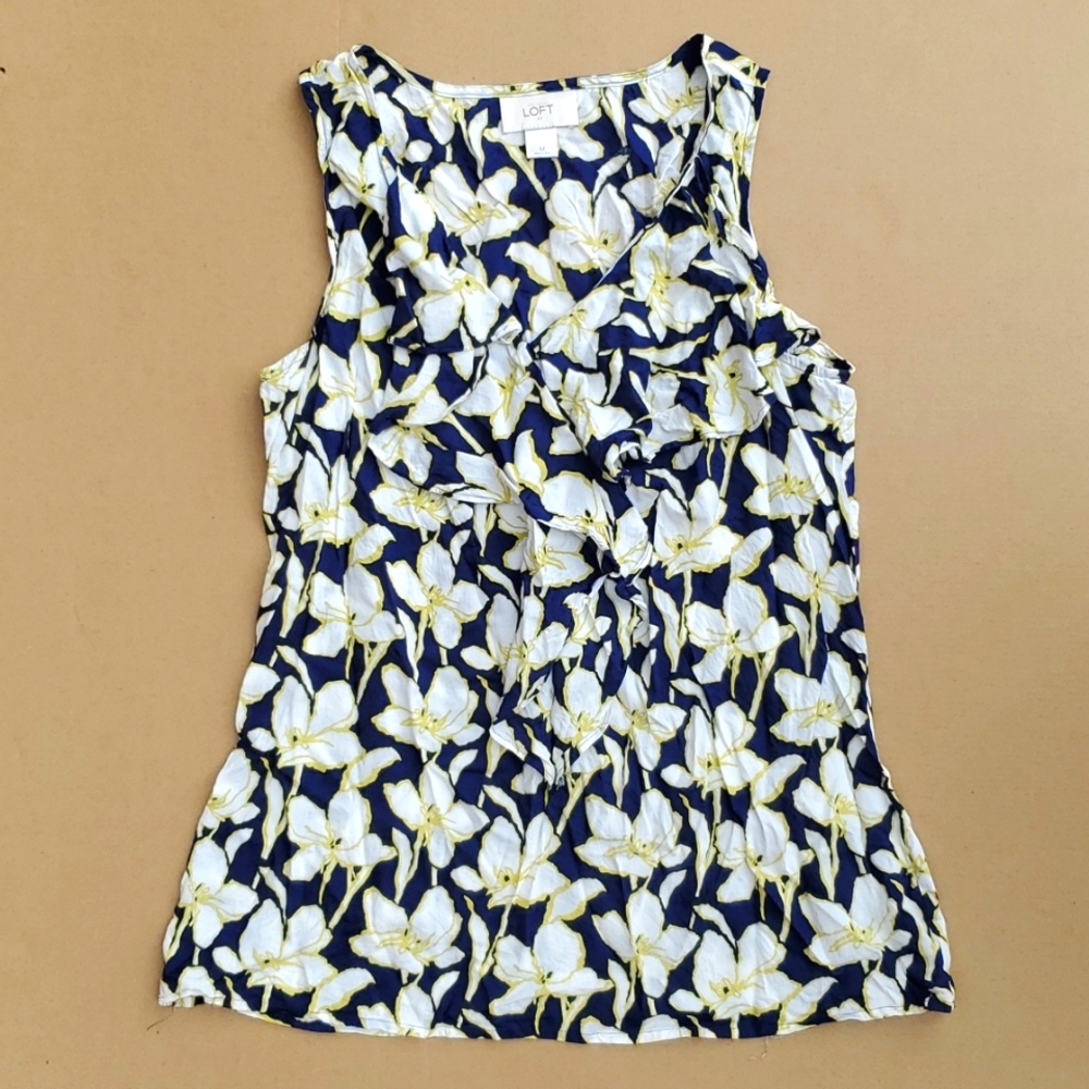 LOFT bright floral blouse with ruffle trim, size M